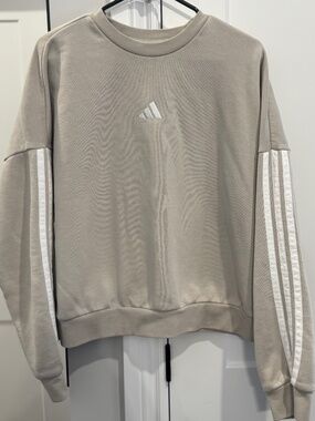 Women Adidas Beige Crewneck Sweatshirt 3 Stripe Sleeve Logo Womens XL Oversized